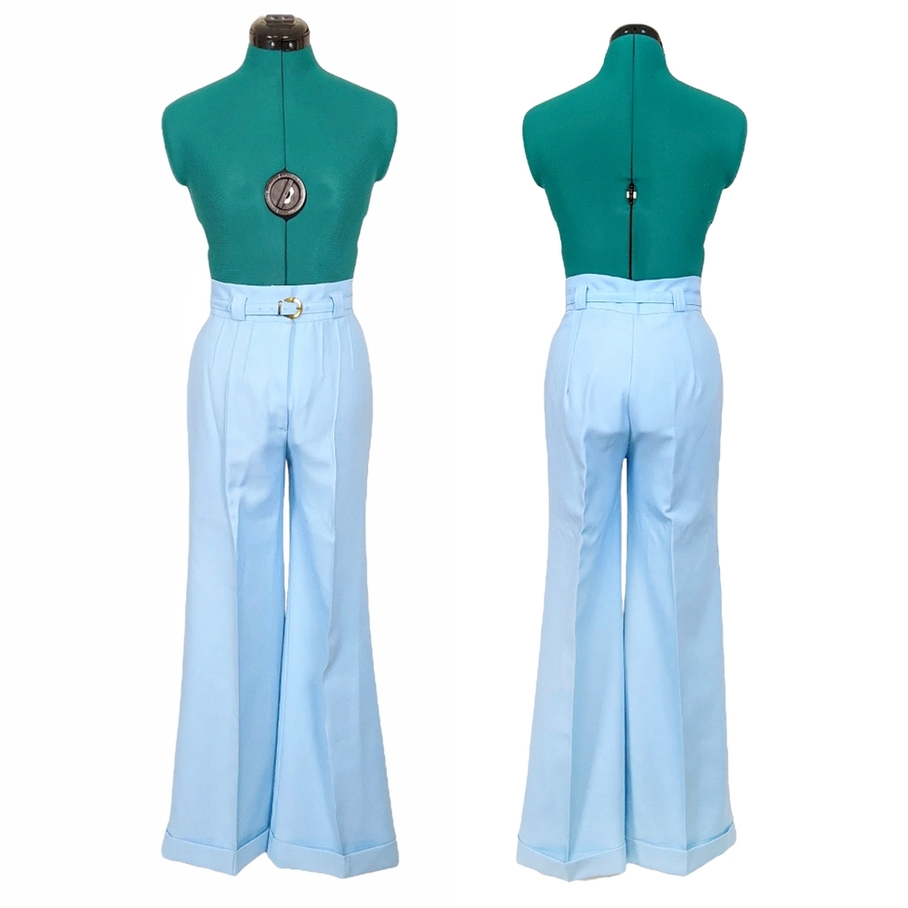 1970s High Waisted Vintage Flares Pants Original Matching Belt Blue Bell Bottoms - Picture 2 of 9